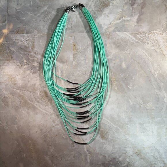 Multi-Strand Mint Green Cord Necklace Silver Tone Metal Accents & Lobster Clasp - Picture 1 of 7